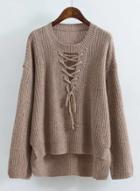 Oasap Round Neck Long Sleeve Lace Up Hollow Out Sweater