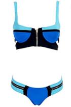 Oasap Zip Decor Color Block Green Bikini Set