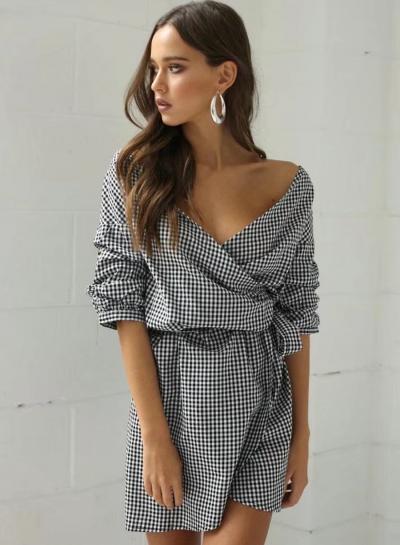 Oasap Plaid V Neck Off Shoulder Tie Waist Dress