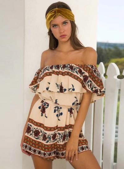 Oasap Slash Neck Off Shoulder Floral Print Chiffon Romper