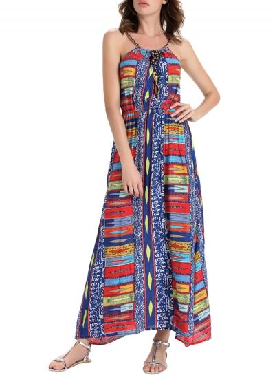 Oasap Women Summer Spaghetti Strap Sleeveless Print Beach Maxi Dress