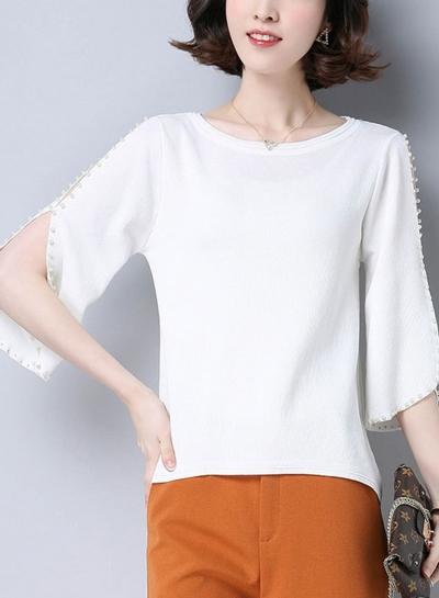Oasap Round Neck Three Quarter Length Sleeve Solid Sweatshirts