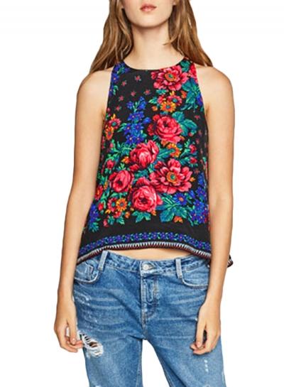 Oasap Women's Floral Print Round Neck Slit Back Top