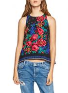 Oasap Women's Floral Print Round Neck Slit Back Top