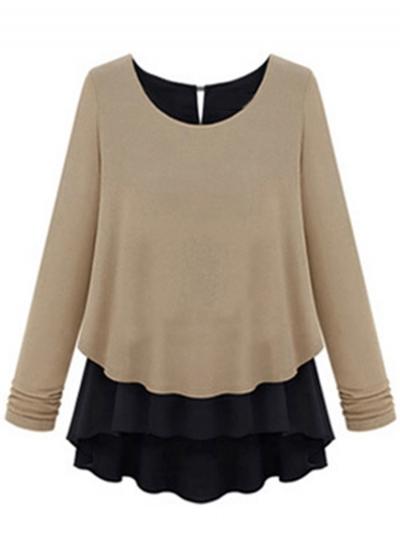 Oasap Round Neck Long Sleeve Color Splicing Fake Two Piece Tee Shirt