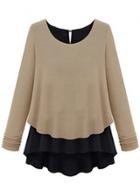 Oasap Round Neck Long Sleeve Color Splicing Fake Two Piece Tee Shirt