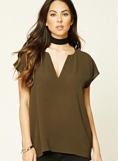 Oasap Army Green V Neck Loose Tee Shirt