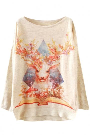 Oasap Sika Deer Pattern Batwing Pullovers Sweater