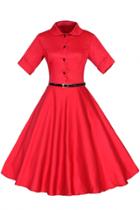 Oasap Vintage Button Front Collared Belted A-line Dress
