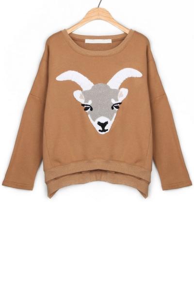 Oasap Goat Embroidered High-low Fleece Sweatshirt
