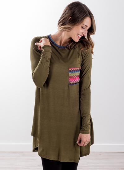 Oasap Loose Fit Long Sleeve Knit Tee Shirt With Printed Pocket