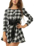 Oasap Round Neck Long Sleeve Plaid Dress With Belt
