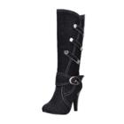 Oasap Stiletto Heels Buckle Strap Denim Mid-calf Boots