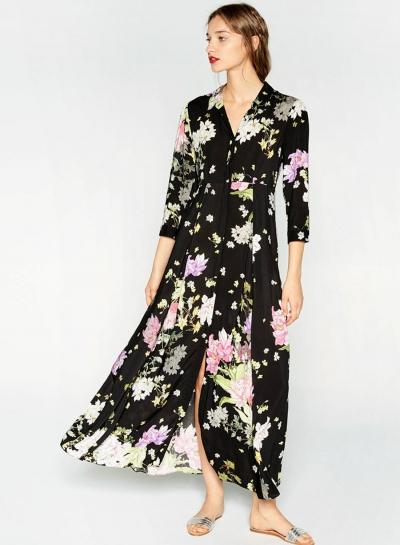 Oasap Fancy Floral Print Three Quarter Length Sleeve Maxi Pleated Dress