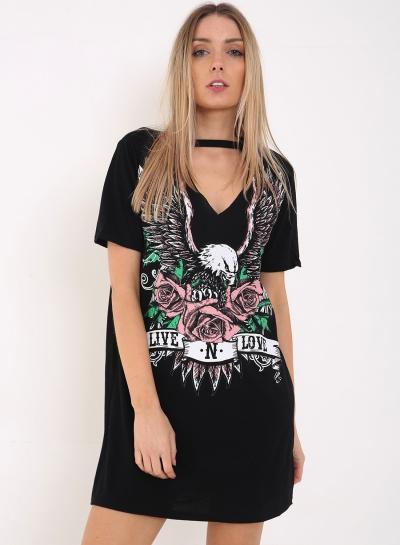 Oasap Print Short Sleeve Choker V Neck Loose Dress