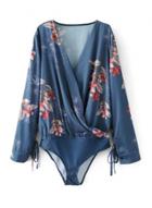Oasap Fashion Cross Floral Printed Long Sleeve Lace-up V Neck Jumpsuits