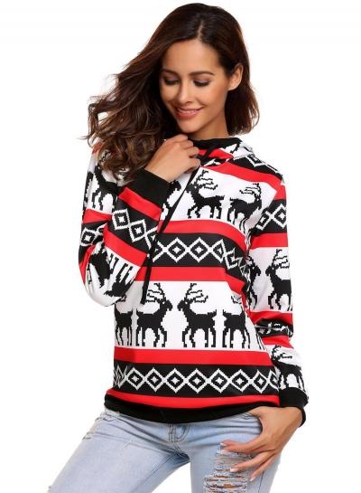 Oasap Long Sleeve Christmas Deer Print Pullover Hoodie