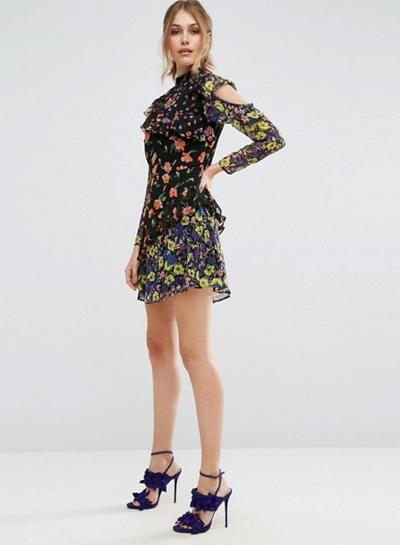Oasap Slim Fit Long Sleeve Floral Mini Dress