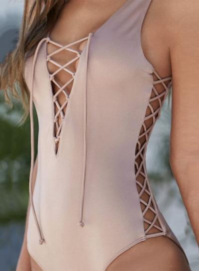 Oasap V Neck Lace-up Solid Color One Piece Swimwear