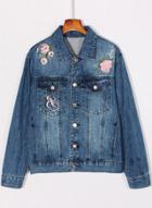 Oasap Floral Embroidered Button Down Denim Jacket