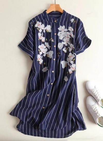Oasap Short Sleeve Floral Embroidery Striped Shirt Dress