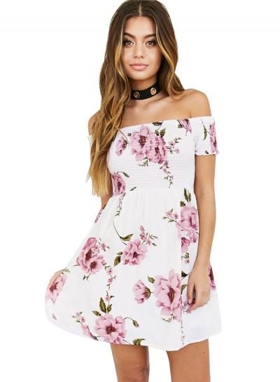 Oasap Off Shoulder Floral Printed A-line Dress