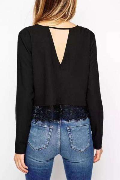 Oasap Triganle Cutout Pattern Lace Hem Blouse