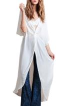 Oasap Women's Deep V Neck Cross Knot Front Slit Loose Long Blouse