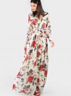 Oasap Fashion V Neck Long Sleeve Floral Maxi Dress With Belt