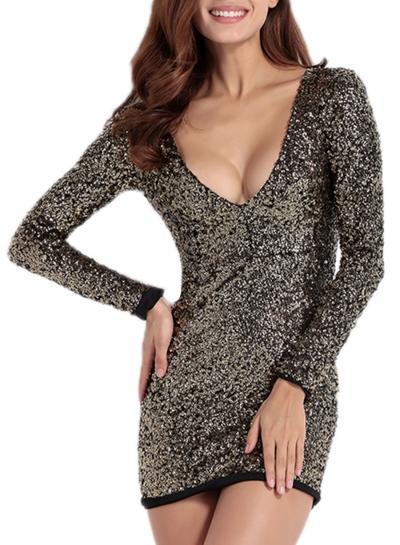 Oasap Women's Metallic V Neck Long Sleeve Bodycon Mini Dress