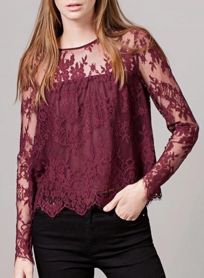 Oasap Glamour Long Sleeve Round Neck Lace Blouse