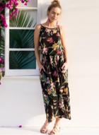 Oasap Fashion Floral Printed Sleeveless Round Neck Maxi Dress With Belt