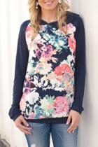 Oasap Stylish Floral Pattern Paneled Round Neck Hooded Sweatshirt