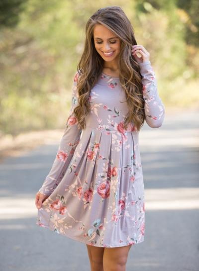 Oasap Floral Print Long Sleeve Round Neck Ruffled Mini Dress