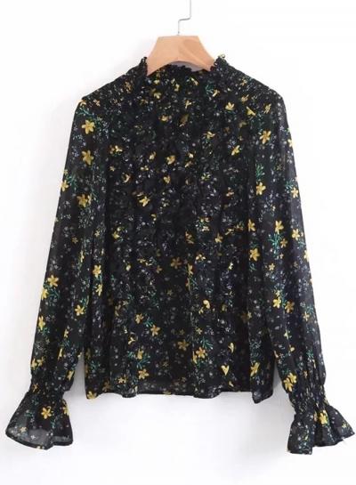 Oasap Chiffon High Neck Long Sleeve Floral Printed Shirt