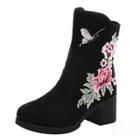 Oasap Block Heels Floral Embroidery Ankle Boots