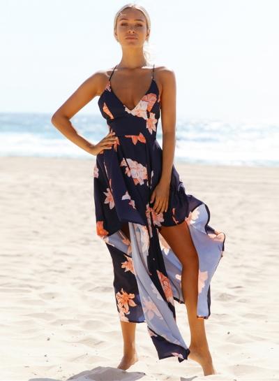 Oasap Spaghetti Strap V Neck Sleeveless Backless Floral Print Irregular Maxi Dress