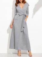 Oasap Fashion V Neck Long Sleeve Maxi Dress With Belt