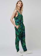 Oasap V Neck Green Leaf Printing Jumpsuit
