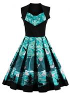 Oasap Christmas Turn-down Collar Sleeveless Print A-line Pleated Dress