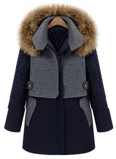 Oasap Fashion Color Block Fur Trim Hood Woolen Coat