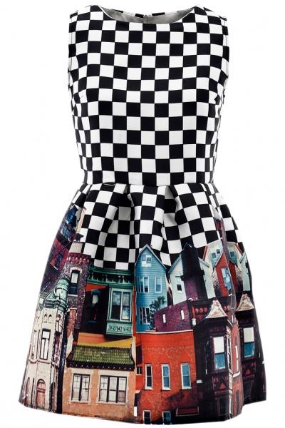 Oasap Graphic White Mini Flare Dress