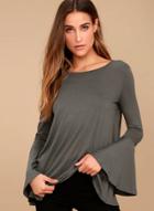 Oasap Round Neck Flare Sleeve Backless Solid Color Tee Shirt