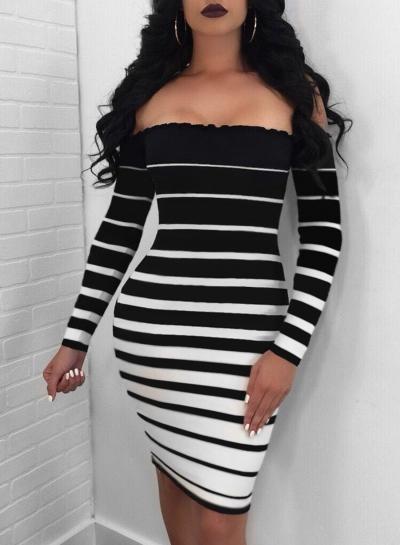 Oasap Slash Neck Off Shoulder Striped Bodycon Dress