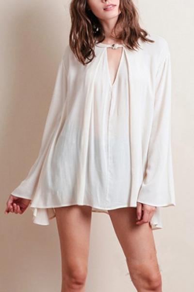 Oasap Cut-out Neck Long Sleeve Asymmetric Chiffon Blouse