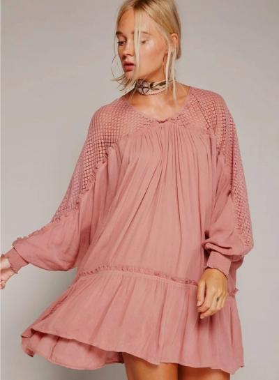Oasap Lace Hollow Out Loose Mini Pleated Dress