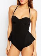 Oasap Halter Push Up Backless Solid Ruffle Swimsuit