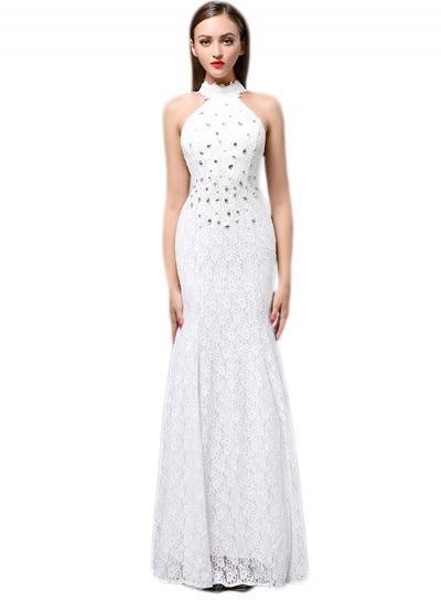 Oasap Women's Rhinestone Halter Lace Trim Prom Dress