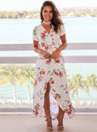 Oasap V Neck Short Sleeve Floral Print High Low Dress