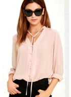 Oasap V Neck Long Sleeve Solid Chiffon Pullover Blouse